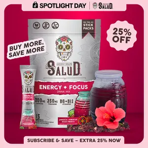 Salud 2-in-1 [Energy + Focus – Jamaica | Hibiscus] Clean Energy Drink Mix, Agua Fresca, Organic Caffeine, B6 & B12, L-Theanine, Drink Packets, Non-GMO, Gluten Free, Vegan, Low Calorie, 1g Sugar (15 Servings)
