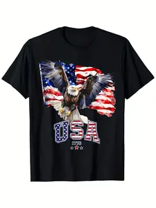 Men's Plus Size Heavyweight 180gsm 100% Cotton T-Shirt - USA Flag & Bald Eagle with 1776 Stars & Stripes, Casual Fit Short Sleeve Round Neck, 4th of July Patriotic Shirt, Apparel, Pride Tee, PLUS SIZE