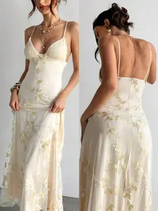 IYUNA Women's Wedding Season Sexy Elegant Deep V Ruched Bust Embroidered Fitted Waist Romantic Embroidered Maxi Dress Honeymoon Outfits Woman