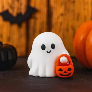 Halloween Ghost Figurine Cartoon Cute Spooky Carrying Pumpkin Basket Desk Display Ornament Tiny Trick or Treat Ghost Resin Halloween Statue for Home and Office Tabletop Decor Supplies