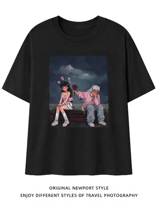Anime Couple Shirt, Inuyasha Kagome Inspired Tee, Cute Tsundere Love Shirt, Pink Aesthetic Anime T-Shirt, Romantic Anime Couple Gift Womenswear Cotton Top Wetsuit Crewneck Crewneck Round Neck Streetwear Tshirt Wetsuit
