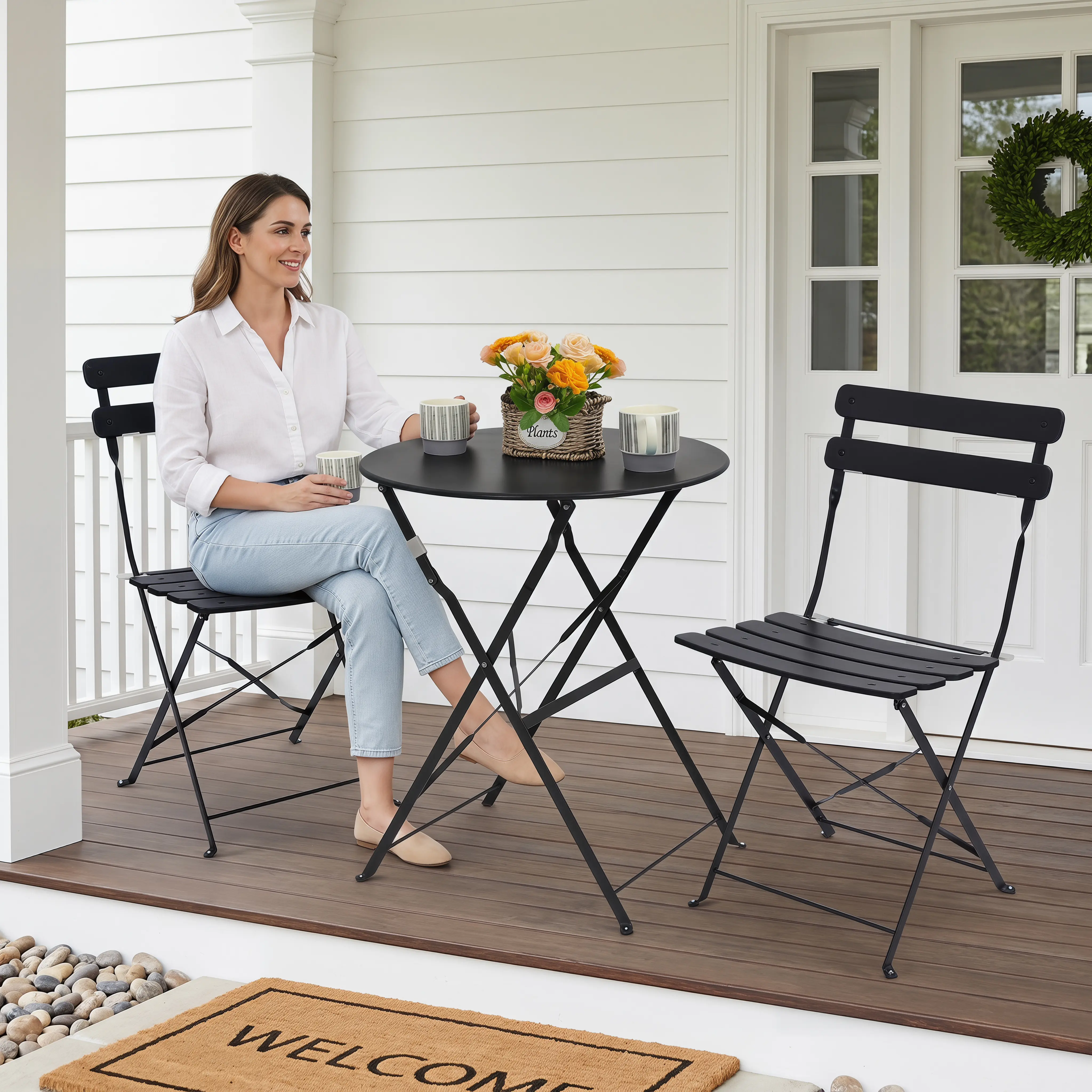 3 Piece Folding Patio Bistro Set, Includes 2 Chairs and Matching Table, Great for Coffee, Conversation, or Dining, Space Saving Footprint summergarden