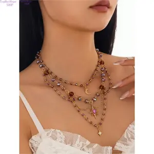 Women's Whimsical Boho Sun Fringe Multi-Layer Pendant Necklace - Shiny Crystal-Beaded Lightweight All-Match Casual Jewelry Set, Boho Aesthetic, All Seasons Wear, Ideal for Beach Vacations, Festivals