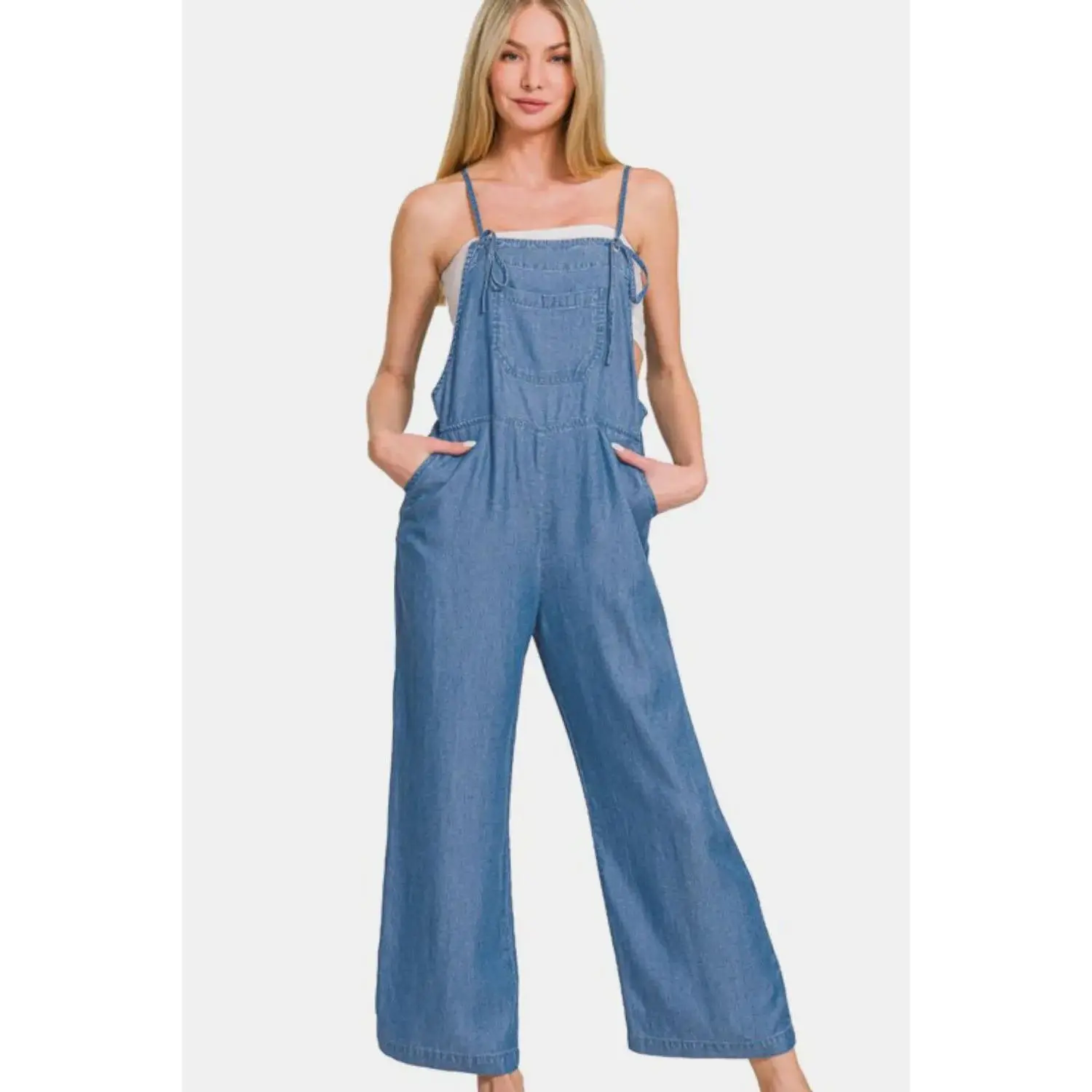 Zenana Washed Adjustable Strap Wide Leg Denim Overalls
