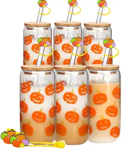 Halloween Cups with Lids and Straws - Autumn Thanksgiving Halloween Gifts for Women -6 Pack 18oz Fall Smile Pumpkins Mug, Boo Basket Stuffers  Drinking Glasses Iced Coffee Cup, Halloween Decor