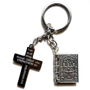 Zinc Alloy Cross & Openable Scripture Keychain Eco-Friendly Anti-Oxidation Silver-Grey Ornament Faith Keepsake Gift for Valentine's Day