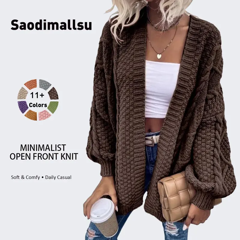 Saodimallsu Women's Retro Solid Oversized Knitting Cardigan - Acrylic-Polyamide Blend Longsleeve Sweater, Elegant Minimalist Women's Fashion Top for Business Work & Casual Wear