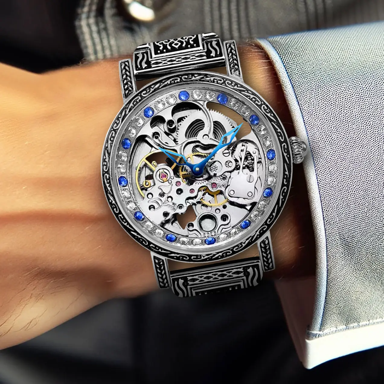 Luxury Skeleton Dial Mechanical Watch for Men, Automatic Analog with a Carved Round Blue Face, Diamond Accents, and Stainless Steel Strap, High End Watch, Round Face, Mechanical Watches