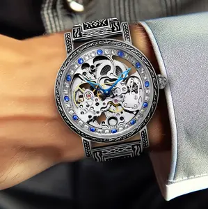 8625 New Luxury Men's Silver Stainless Steel Strap Carved Diamond Skeleton Fully Automatic Mechanical Watch Jewelry Blue