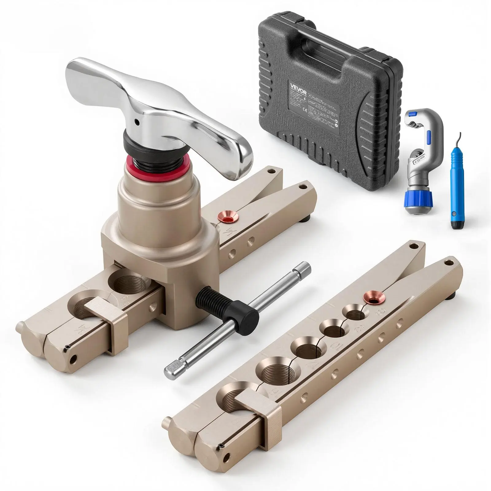VEVOR Flaring Tool HVAC, 45° Eccentric Single Flaring Tool for 1/4"-3/4" & 6-19mm Copper Aluminum Tubes - with Metric & SAE Clamps, Tube Cutter & Toolbox for Refrigeration Air Conditioner Repair