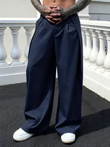 Men's Loose Fit Wide Leg Pants, Casual Solid Drawstring Waist, Comfortable Straight Hem Design, Business Casual Style, Perfect for Daily Wear & Office Use, Drawstring Trousers, Menswear