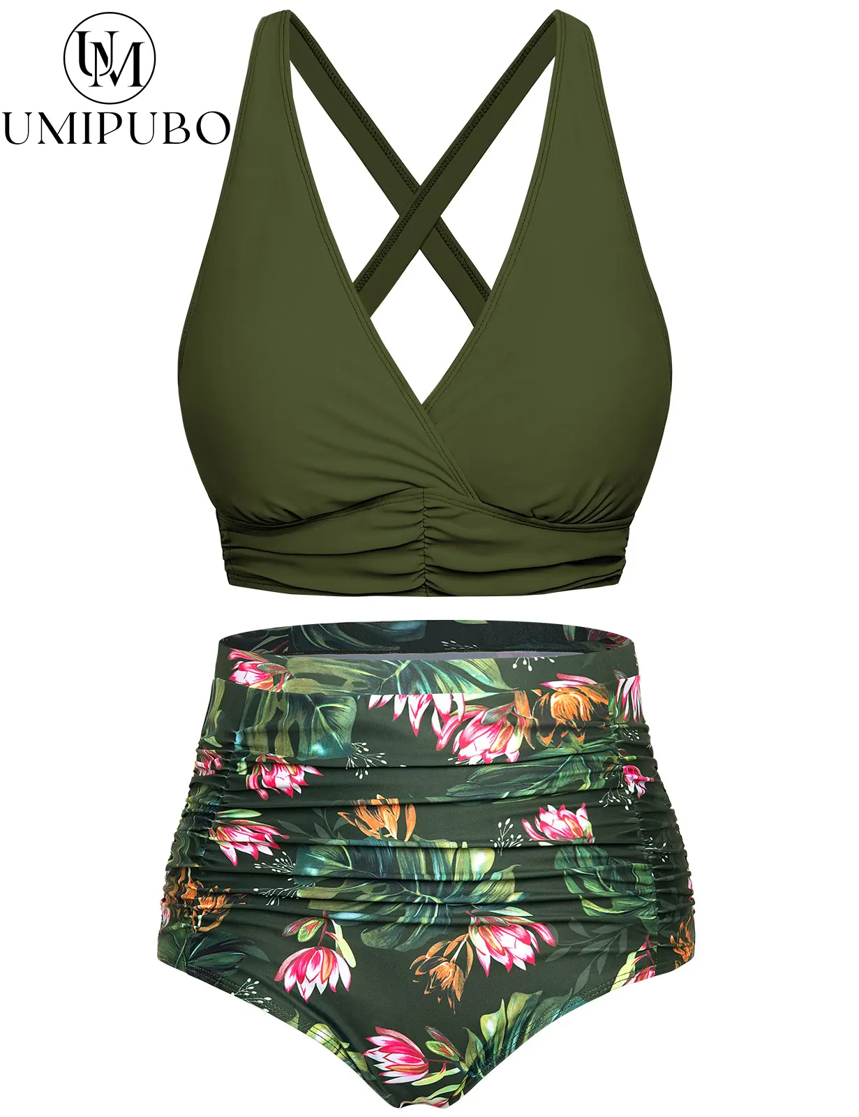 UMIPUBO Women's Cross-Buckle One-Piece Swimsuit with Tropical Print Tummy Control Swimwear Triangl Swimwear Style