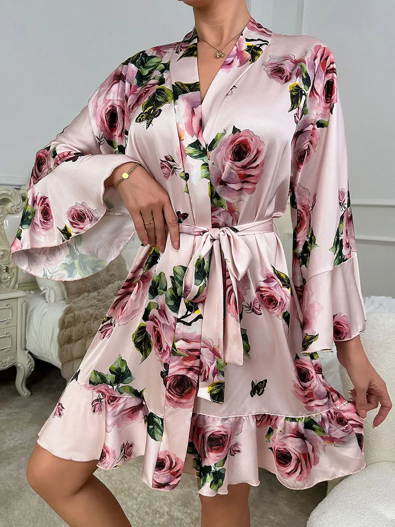 EasDoing Girls' Silky Glossy Satin Fabric Floral Print Oversized Sleep Robe - Pink Rose Butterfly All-Over Print, Lapel, Wide Flared Sleeves, Ruffle Hem, Self-Tie Kimono, Elegant Bridal Boudoir Loungewear (Spring Summer TikTok Aesthetic) Fit Gowns