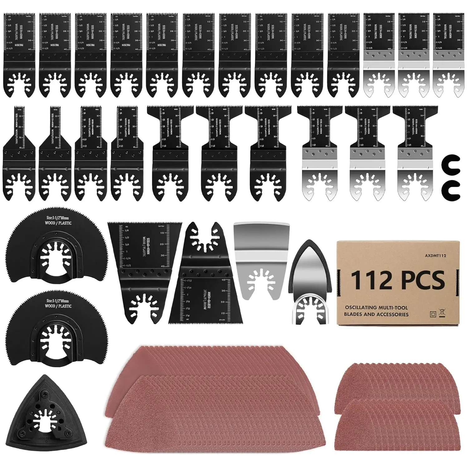 112 count Oscillating   Quick Release Oscillating Multitool  with Sandpapers Universal Oscillating Tool Accessories for  Metal//Plastic, Compatible with  Brands