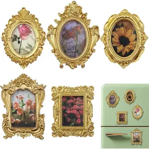 Gold Magnetic Picture Frames for Refrigerator, 5 Small Vintage Photo Frames with Soft Magnet Backing, Victorian Style Decor for Kitchen Office Home