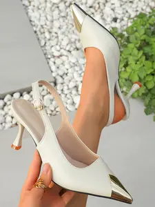 Elegant Metal High Heels for Women, Breathable Crocodile Leather PU, All-Season Fashion, Pointed Toe Design, Stylish Low Heel Sandals Stiletto