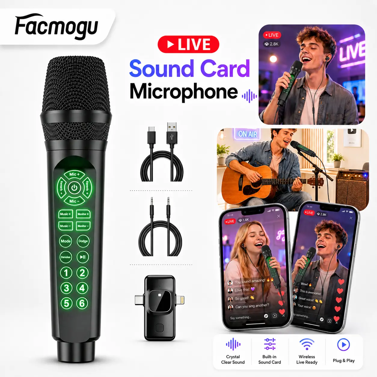 Facmogu Handheld Live Streaming & Karaoke Sound Card Mic with Recording, USB-C + Lightning Plug, Bluetooth, Voice Changer, Reverb, Real-Time Monitoring - Requires Powered Speaker for Room Sound (for Phone/PC), Wired