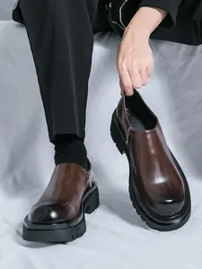 Men's Casual Solid Color Lace Up Dress Shoes, Fashionable Comfortable Thick Sole Platform Loafers, Male All-match Round Toe Shoes for Daily Wear PU Leather Shoes