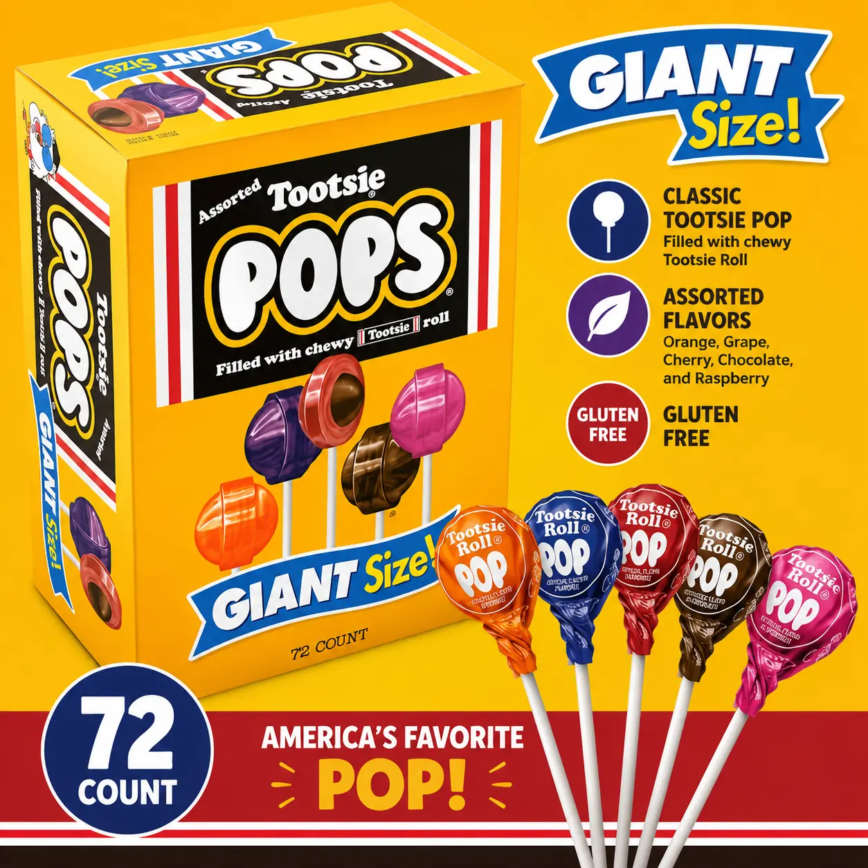 Tootsie Pop Giant Size Lollipop 72 Count Assorted Flavors Candy Pops Bulk Party Treats