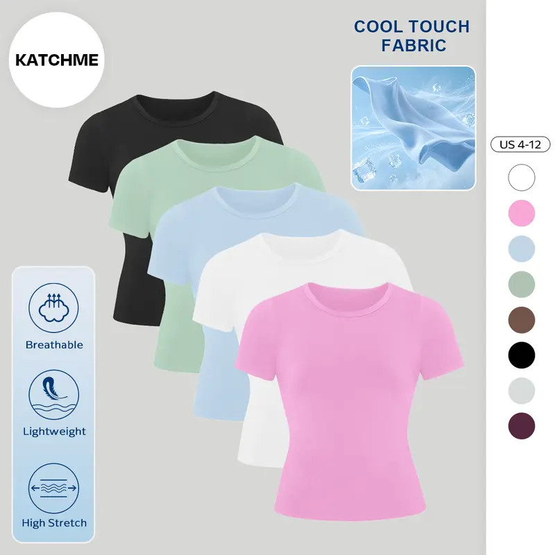 KATCH ME Women's Athleisure Solid Color Round Neck Short Sleeve Yoga Top, Spring & Summer Cool Touch Stretchy Brushed Clothes, Lightweight Quick Drying Gym Outfit #TikTokMadeMeBuyIt #SummerEssentials #CasualTop #QuickDry