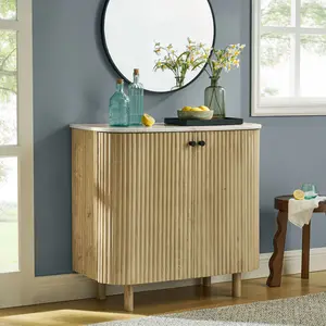 Caldera 33" Curved Solid Wood and Marble Accent Storage Cabinet in Natural