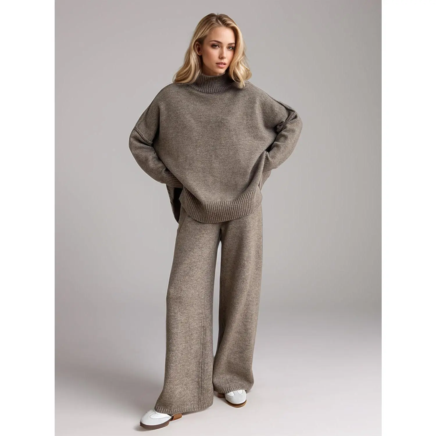 Slit Turtleneck Long Sleeve Top and Pants Sweater Set