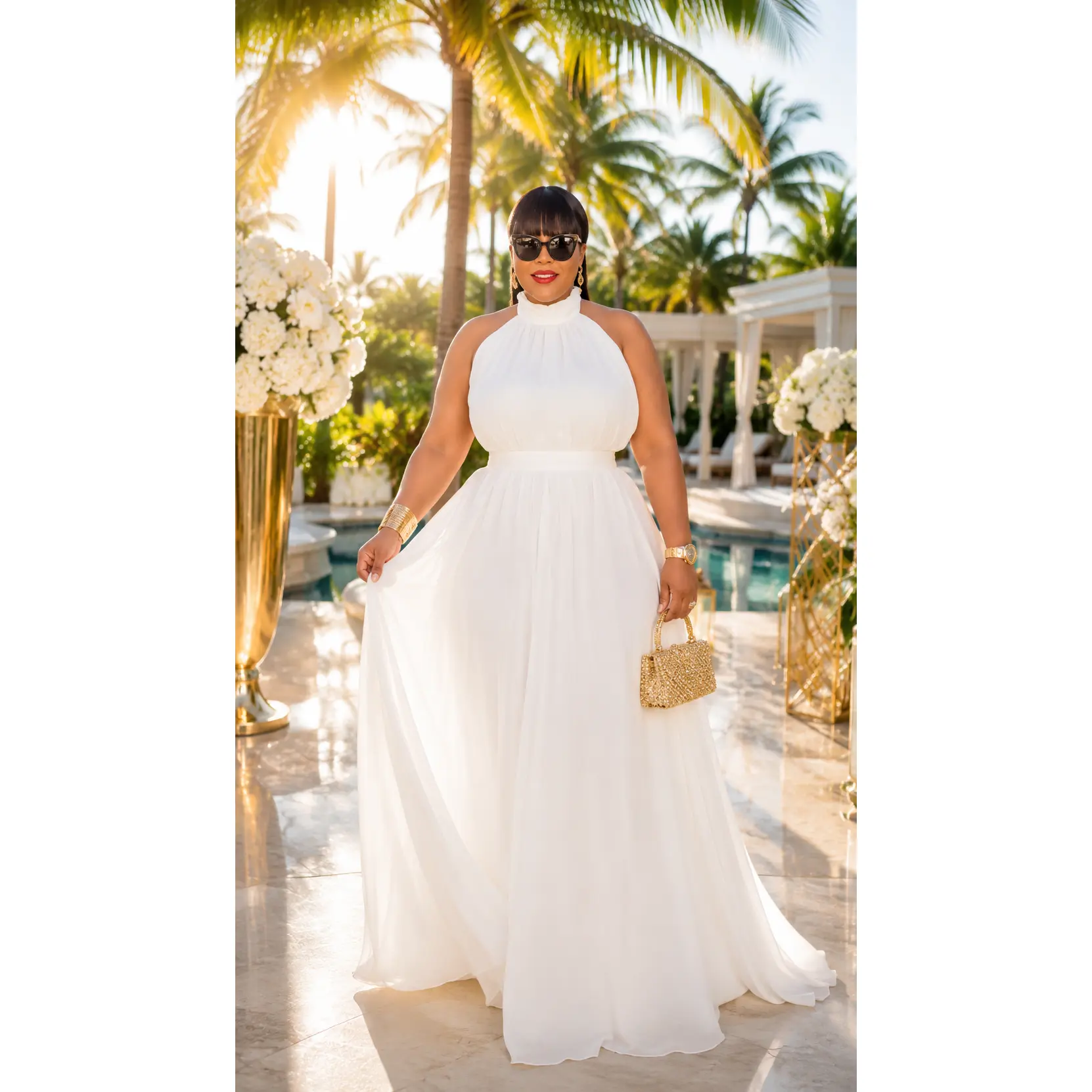 White Halter Neck Maxi Dress for Wedding Guest Birthday Cocktail Reception All White Party Outfit