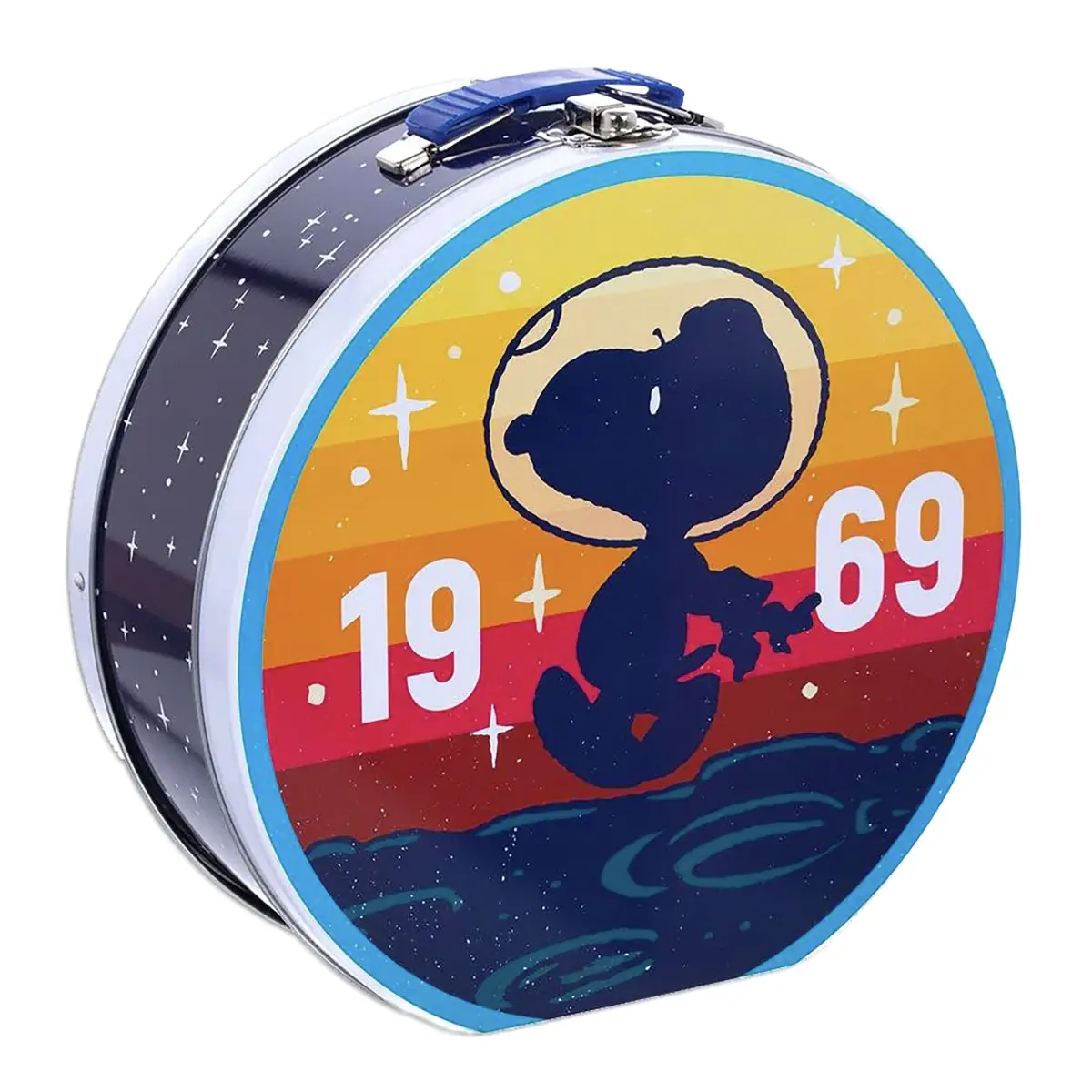 Peanuts Snoopy NASA 1969 Astronaut Round Tin Lunch Box, Functional Lunch Organizer for Luggage & Bags, One Size