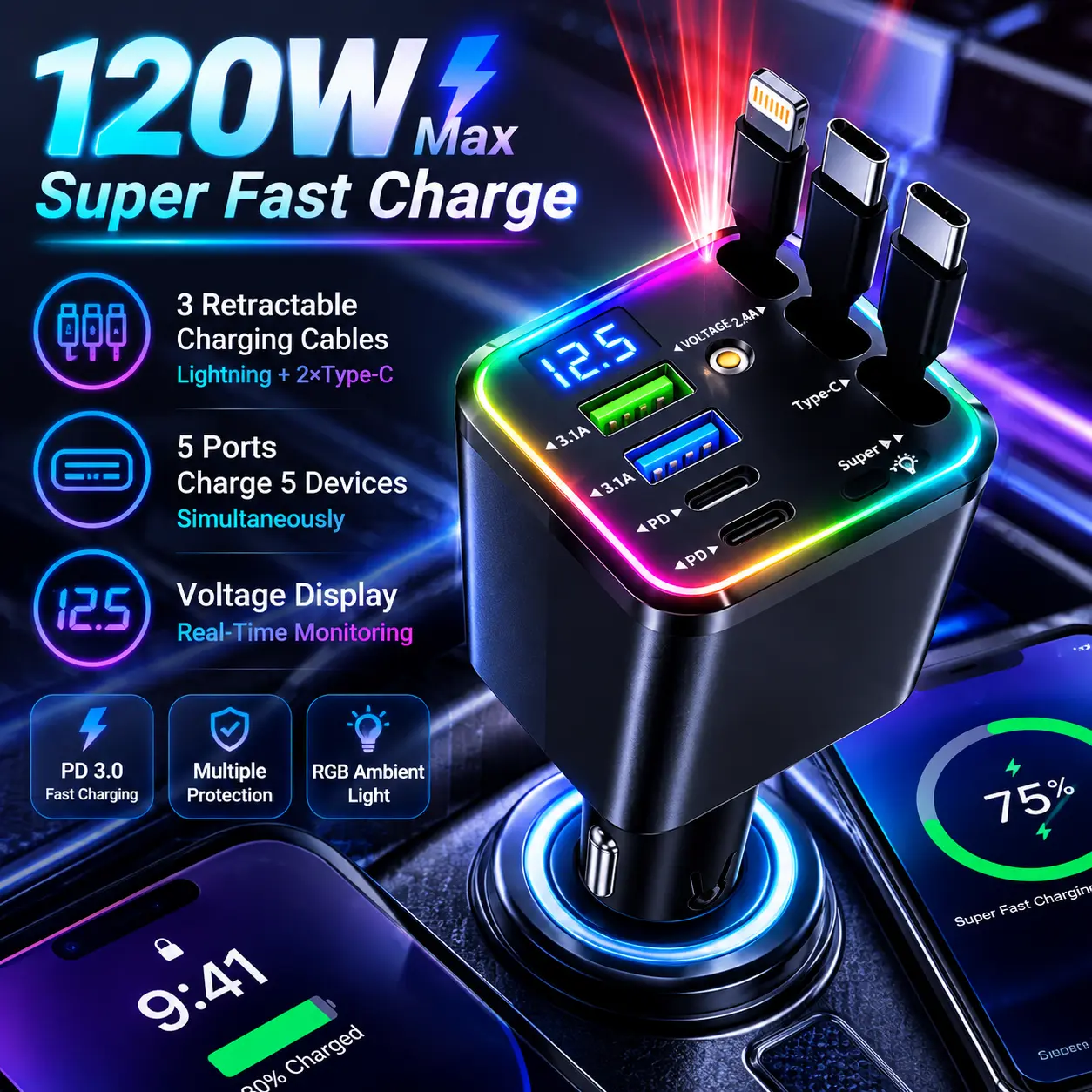 7 in 1 Retractable Car Charger 120W Super Fast Charging PD 20W USB A 65W 3 Tangle Free Retractable Cables Charge 7 Devices Simultaneously Starry Sky Light 1 Click Galaxy Projector LED Voltage Display Smart Chip Universal for iPhone Samsung Android iPad su