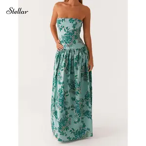 Women Tube  Floral Strapless Maxi Dress Flowy Backless Long Dress Drop Waist Ruched A Line Sundress