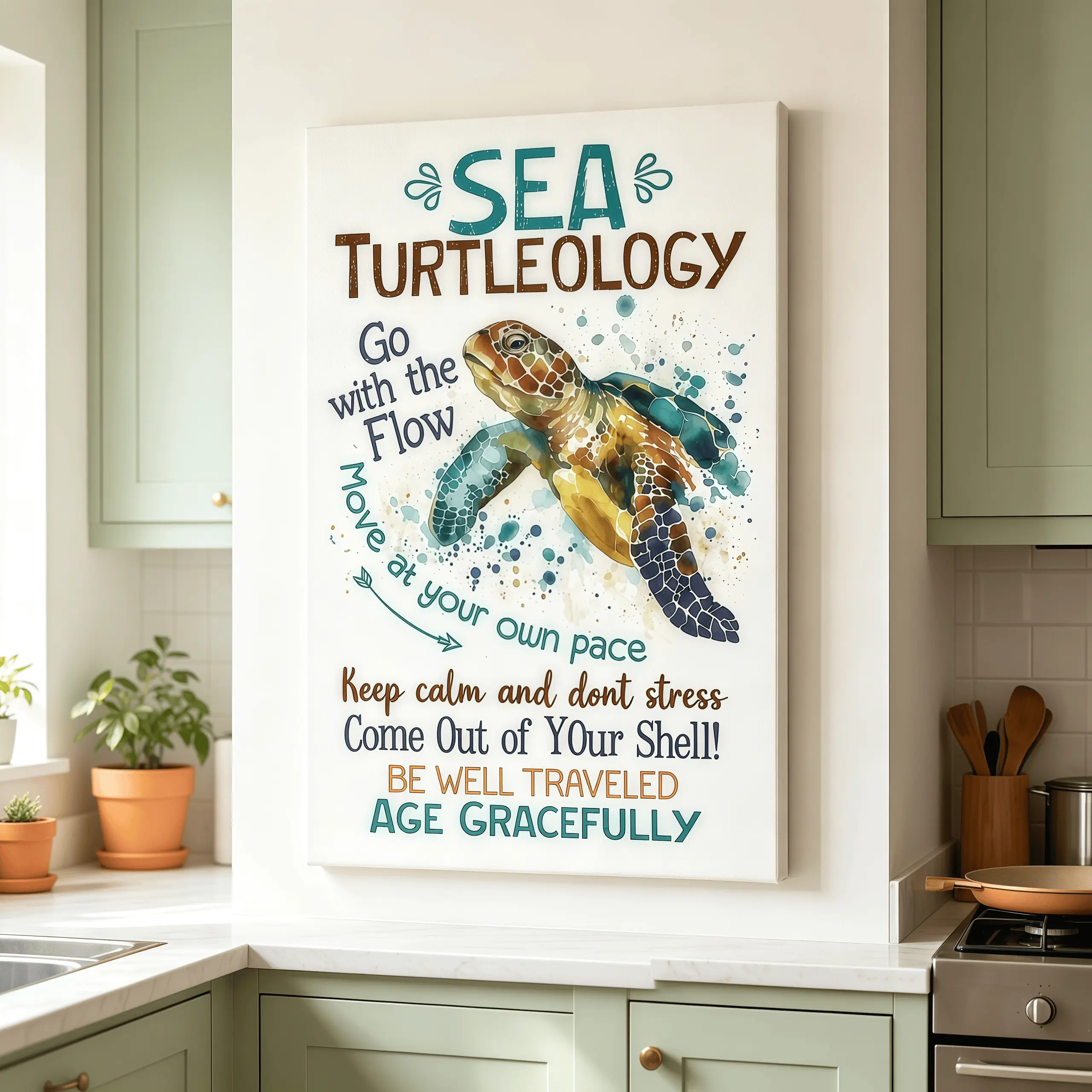 Vintage Sea Turtle Wall Art Poster, Go With The Flow Move At Your Own Pace Inspirational Artwork, Anti-Stress Coastal Decor, Black Framed & Unframed Canvas Print, Keep Calm & Don’t Stress Quote Wall Decor, Slow Living Home Decor,