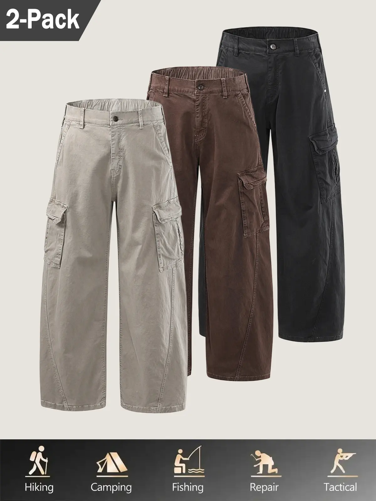 2-piece vintage washed wide-leg cargo pants set, featuring a wide-leg cut and naturally draped hems, suitable for American street style, skateboarding, outdoor hiking, and everyday wear.