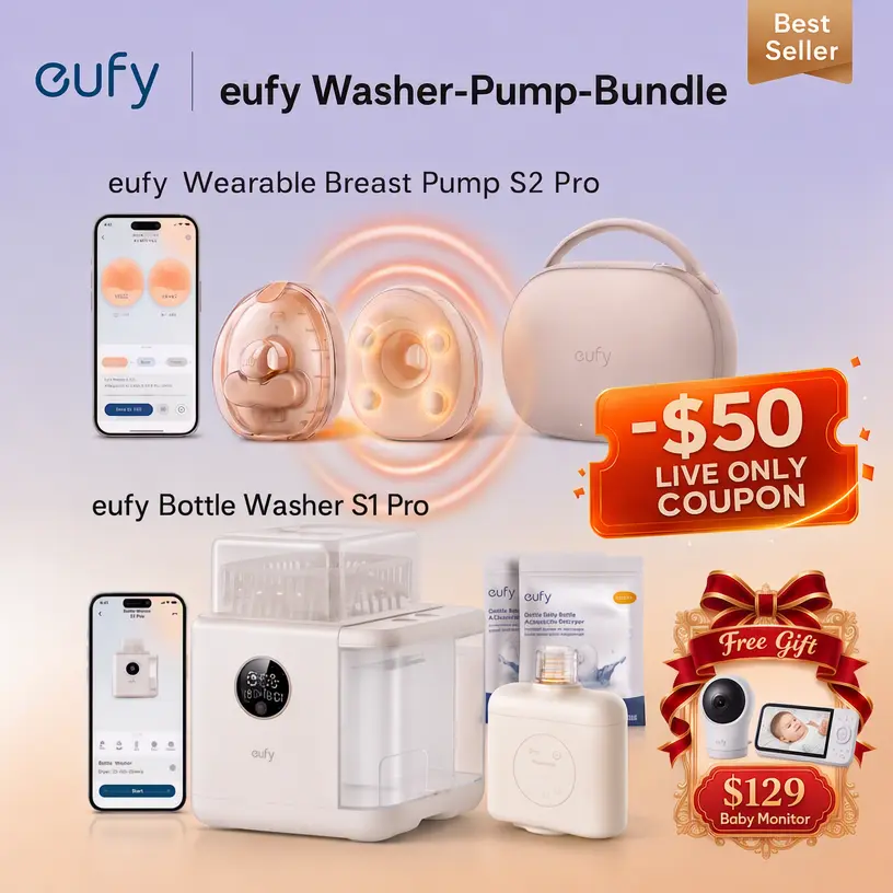 NEW eufy S2 Pro Bundle of S2 Pro Breast Pump & S1 Pro Bottle Washer ,Leading HeatFlow Tech, App-Controlled OptiRhythm, Hospital-Grade Suction, Built-in Water Softener, HydroBlast Washer, 212°F Steam Sterilizer & Thoroughly Fast Dryer, 10-Bottle Capacity,