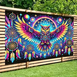 8x6ft Neon Glow-in-the-Dark Owl & Dreamcatcher Tapestry, Home Decor with Vibrant Multicolor Feathers & Glowing Eyes, Durable for Living Room, Outdoors, No Electricity Needed Holiday Gift