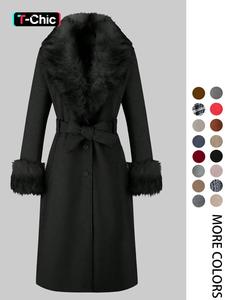 women's solid button front belted faux fur trim wool & pea coat, casual long sleeve pocket outerwear with fur collar, women's clothing for fall & winter, cold weather gear, going out tops, womenswear