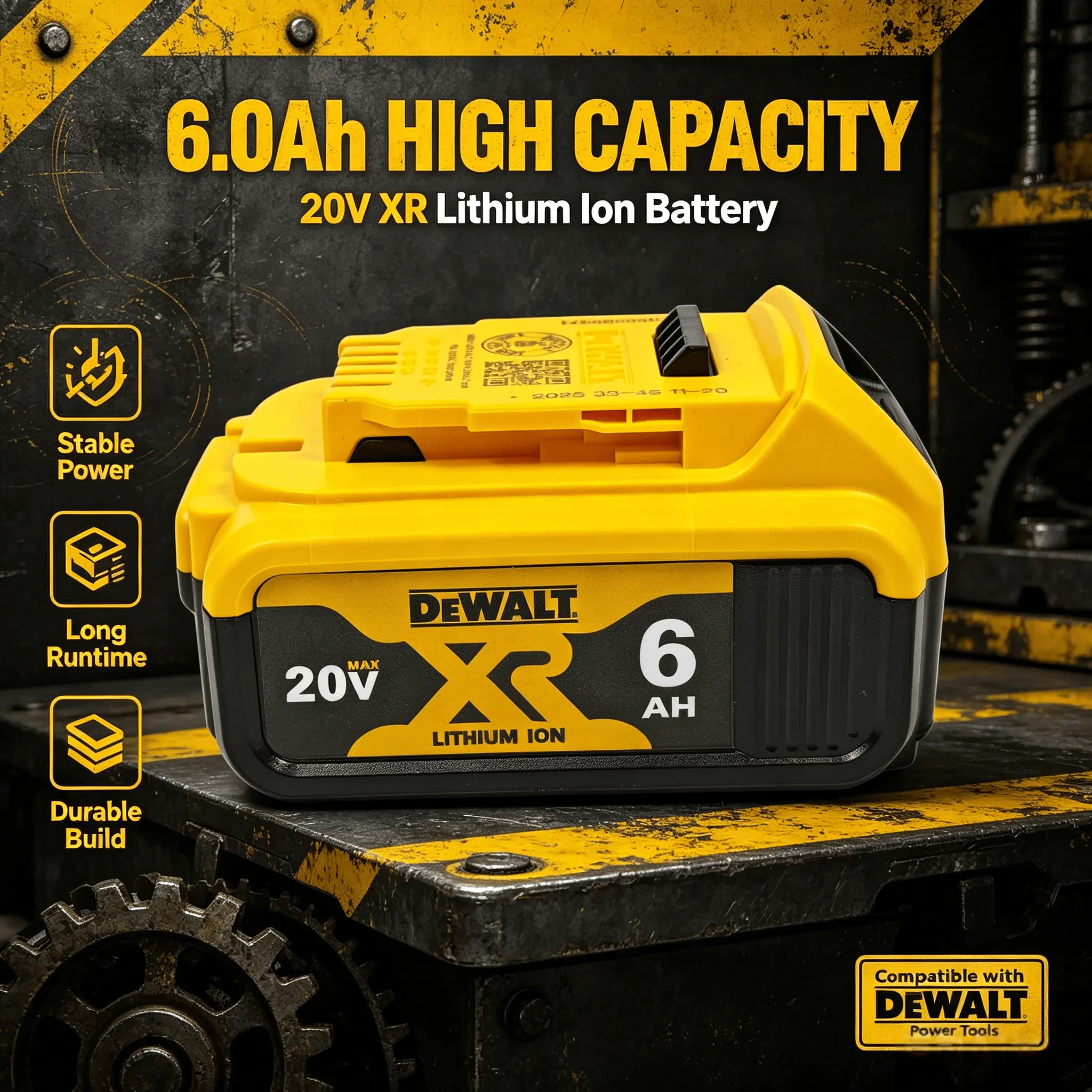 High Capacity DEWALT DCB206 20V MAX XR 6.0Ah Rechargeable Lithium Battery, 18650 Cell, Smart BMS Safety System, LED Power Display, Fast Charge, Anti-drop Shell for Heavy Duty Cordless Power Tools
