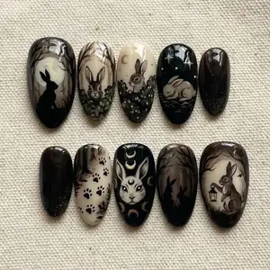 Gothic Bunny Press On Nails, Dark Forest Nail Art, Moon and Stars Nail Design, Hand-Painted Rabbit Nails, Dark Fantasy Nail Set