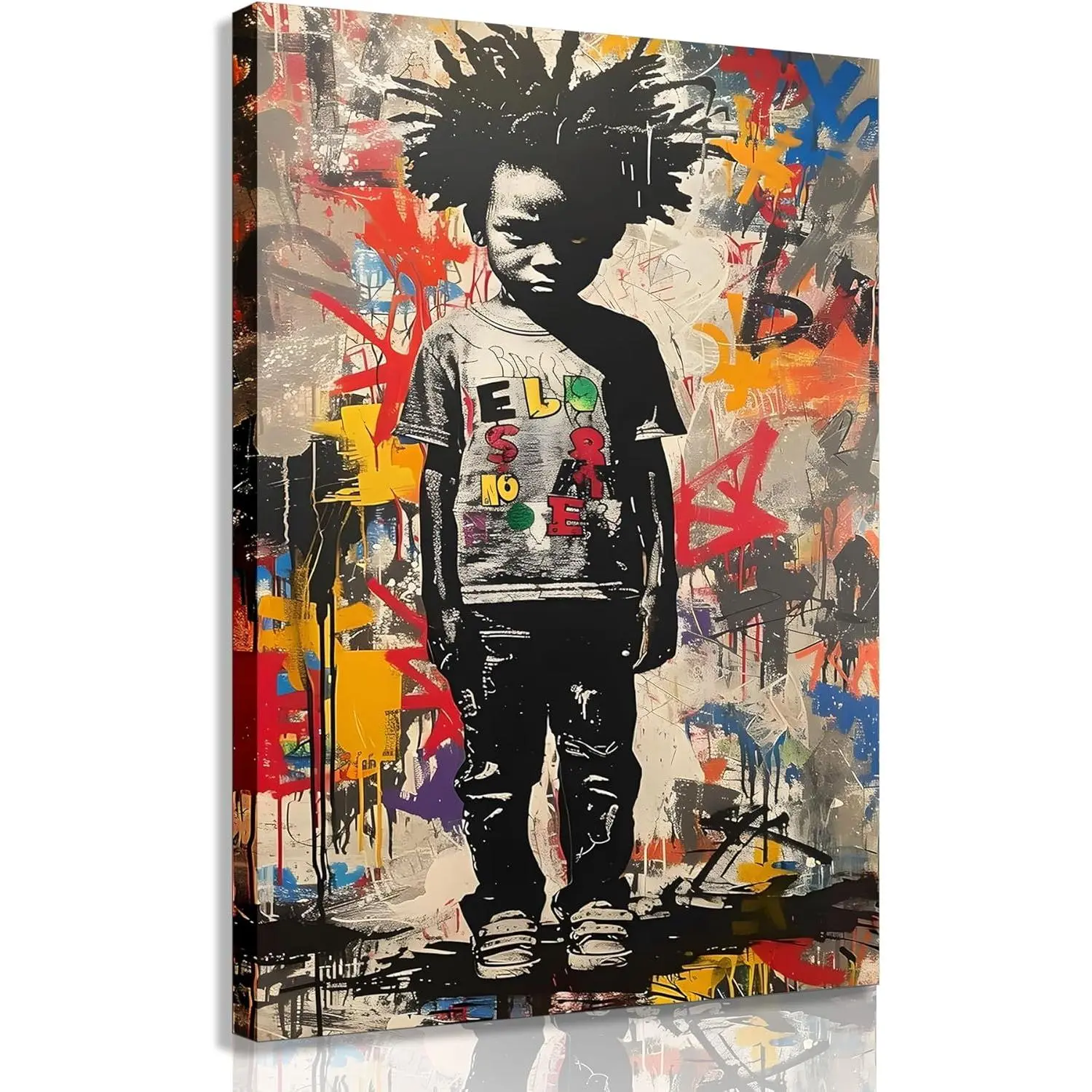 Artistic Graffiti African American Child Wall Art Print - Framed/Unframed Bold Black Kid Portrait, Multicolor Background, 20x30in(50×75cm)/24×36in(60×90cm) Artwork Decoration for Living Room, Bedroom, Hanging Gift Option