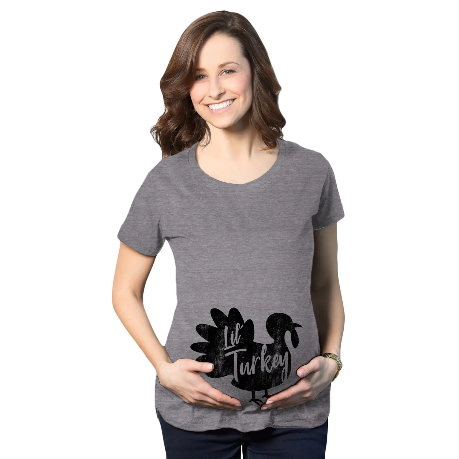 Maternity Lil Turkey T Shirt Funny Thanksgiving Pregnancy Tee Funny Graphic Maternity Tee Cute Pregnancy Tees With Plus Sizes Pregnant Thanksgiving Maternity Wear Funny Food Short Sleeve Maternity Shirts Dark Grey