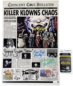 Suzanne Snyder, Mike Martinez, Geno Ponza, Paul Haley, Genie Houdini, Michael Harrington Burris X6 Cast signed 12x18 Poster Newspaper - Killer Klowns from Outer Space