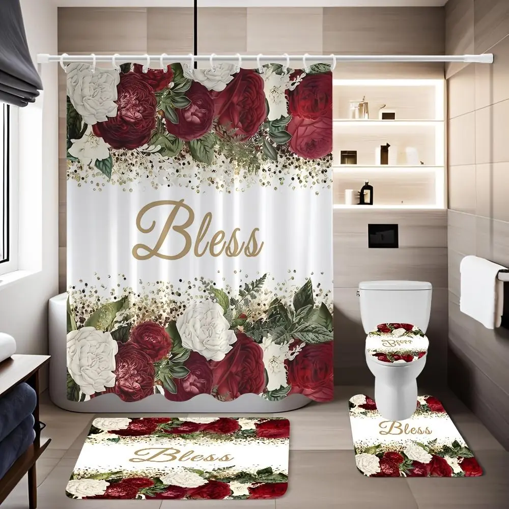 Flannel Blend 4-Piece Complete Bathroom Set (4 Items) with Printed Roses, Shower Curtain, Toilet Lid Cover Set, 12 Durable Hooks, Easy Installation, Elegant Modern Home Decor, Ideal Gift Ideas for Friends, Four Items