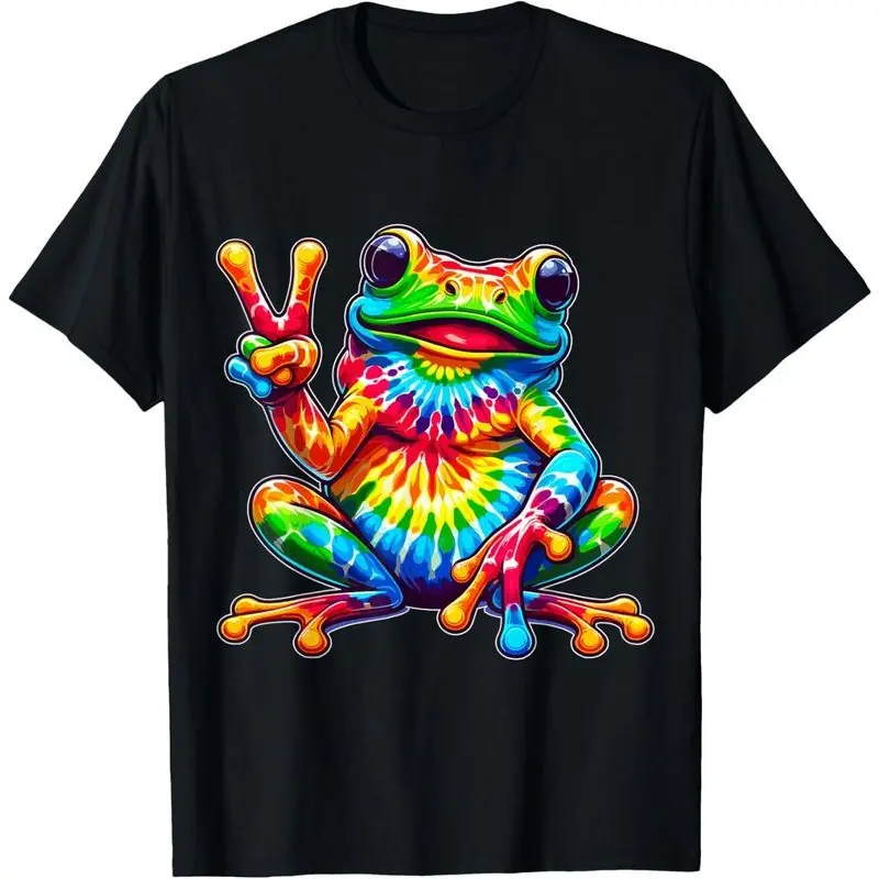 Men's Retro Tie-Dye Polyester Knit Sports Top - Round Neck, Short Sleeve, Frog Graphic, Chic Streetwear, Fitted Cut, Geometric, Cartoon Letters, for Party, Christmas, Casual Menswear