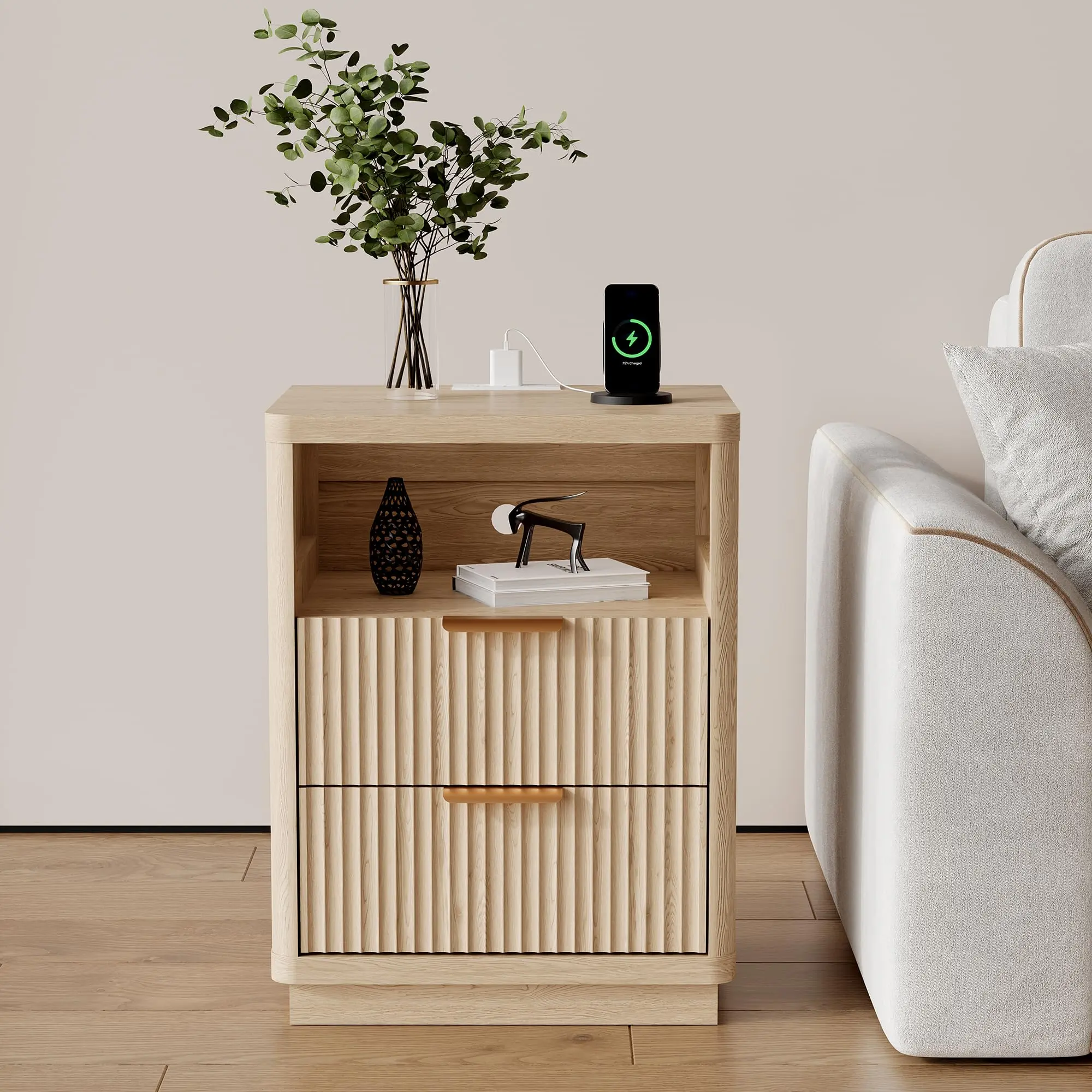 GAOMON 2-Drawer Wooden Fluted Nightstand with Charging Station - Mid-Century Modern Minimal Night Stand, Bedroom Side Table with Curved Corners, Wooden Construction Indoor Furniture