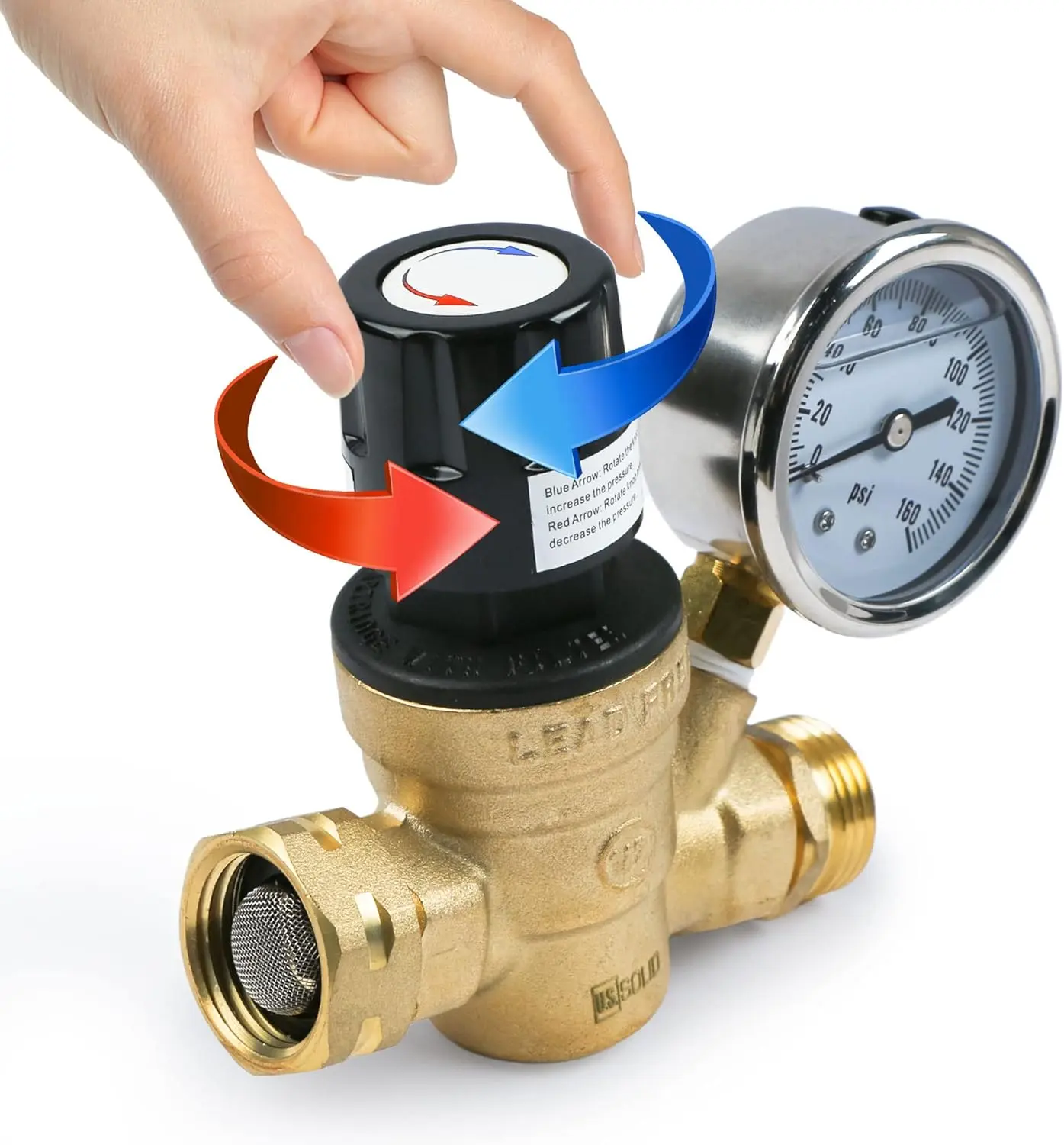 U.S. Solid 3/4" Brass Water Regulator Valve Adjustable Pressure Regulator Gauge