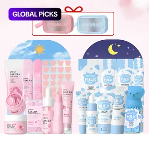 Sakura  Milk Day & Night Skincare Set, Including Cleanser, Toner, Patches, Lip Balm, Face Cream, Sunscreen, Exfoliator, Eye Cream, Mask,Makeup Bag, Skincare, Rejuvenating Sets Toiletries Kit Cosmetic, Best Gift