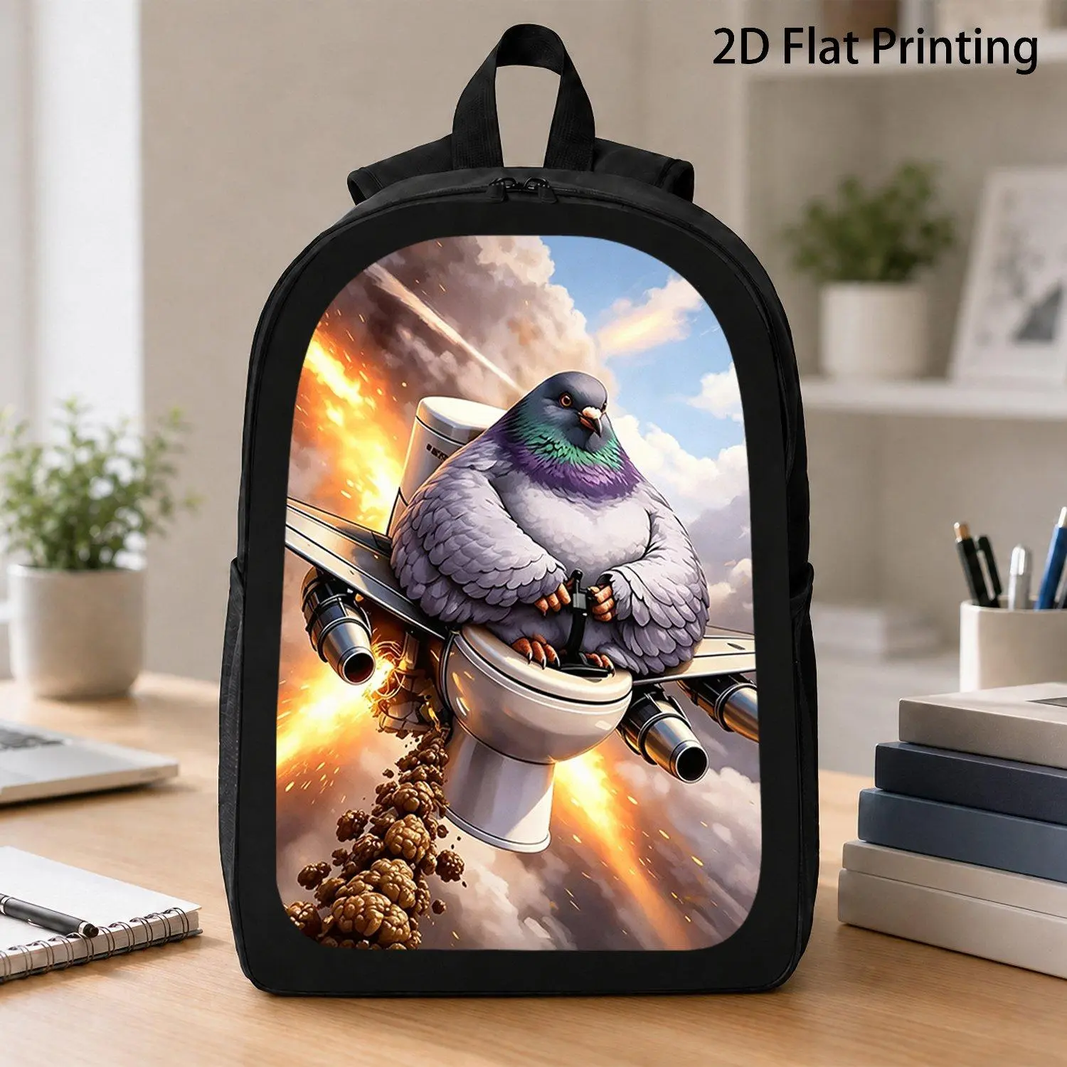 Flying Pigeon Toilet Plane, Casual Backpack, Travel Laptop Backpack, 2D Flat Printing, Rucksack with Ample Capacity-suitable for Travel, Daily Use, and Commuting, 2D Flat