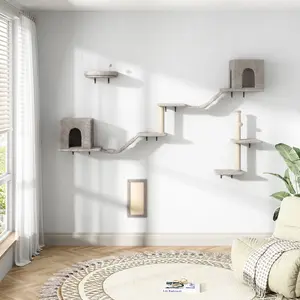 8PCS Cat Window Perch Hammock, Cat Wall Shelves with Suction Cups & Climbing Steps & Scratching Post & Seat, Wooden Cat Wall Window Furniture, Wall Mounted Cat Climber Pet Bed for Indoor Cats