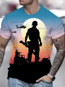 Men's Military Graphic Print T-Shirt - Armed Forces Combat Design with Helicopter, Breathable Polyester Shirt Suitable for Army Activities and Casual Wear - Machine Washable Summer Short-Sleeve Top, Patriotic Style #Venezuela #Maduro #Chinook #USAirForce
