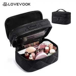 LOVEVOOK Travel Makeup Bag for Women, Large Opening Flat Toiletry Bag, Double Zipper Waterproof Lightweight Makeup Bag, Double Layer Quilted Makeup Bag with Jewelry Storage Pocket and Makeup Brush Mesh Pocket, Daily Use and Travel Essentials