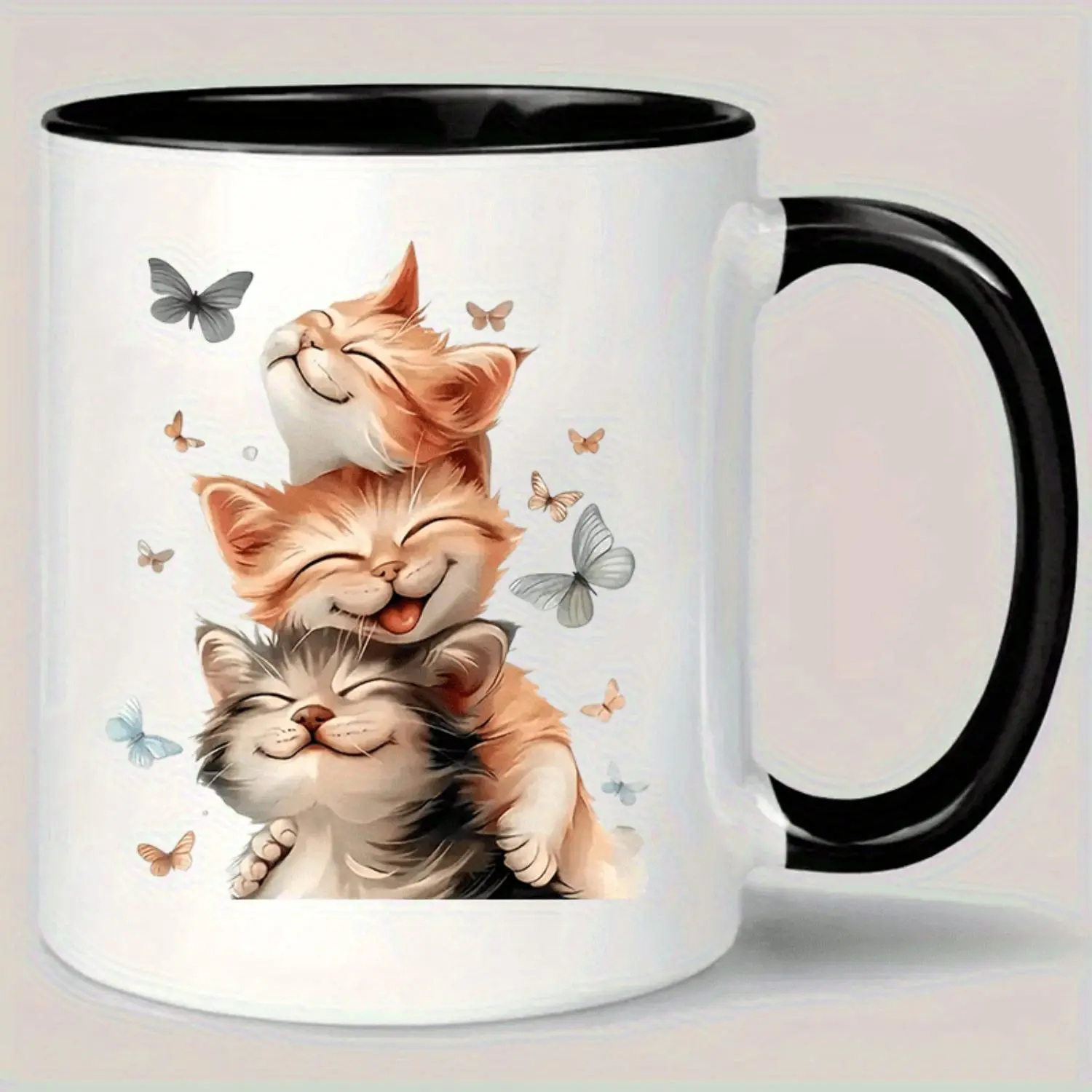 11oz Insulated Ceramic Coffee Mug - Reusable Travel Mug with 3 Playful Cats & Butterflies Design, Hand-Wash Only, Perfect for Coffee Lovers, Men & Women, Daily Use, Coffee Travel Mug, Everyday Coffee Cup, Charming Illustration, Durable Polycoating